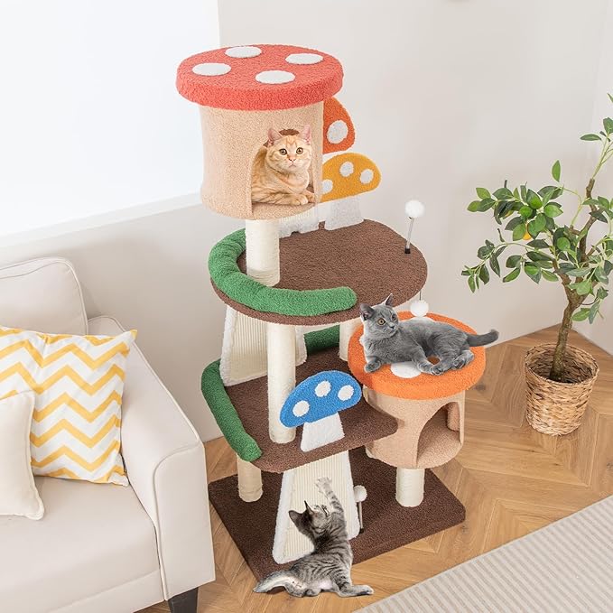 Tangkula Mushroom Cat Tree, Multi-Level Cute Cat Tower with Full-Wrapped Sisal Posts, Scratching Boards & Interactive Balls, 2 Cat Condo, Flower Cat Tree Tower for Indoor Cats Large Adult (57.5 Inch)