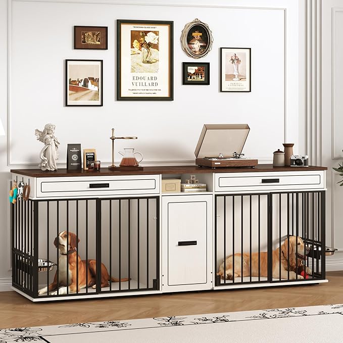 86.6" Dog Crate Furniture Large Breed TV Stand with Double Rooms, Wooden Dog Kennel Furniture with Dog Bowl, 2 Drawers and Cabinet for Large Medium Dogs, Antique White