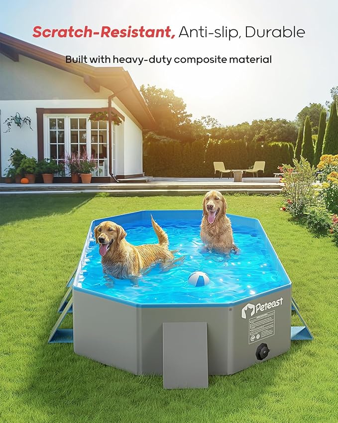Peteast Foldable Dog Pool with Sturdy Square Design, Durable 82" Lx46 Wx12 D Extra Large Portable Pet Bathtub with Reinforced Sidewalls for Stability, Ideal for Indoor & Outdoor Use (Blue&Gray)