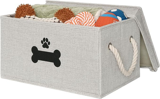 Dog Toy Basket with Lid, Dog Basket for Toys, Dog Toy Box with Cotton Rope Handles, Collapsible Storage Bins for Dog Toys, Dog Storage Organizer, Gray
