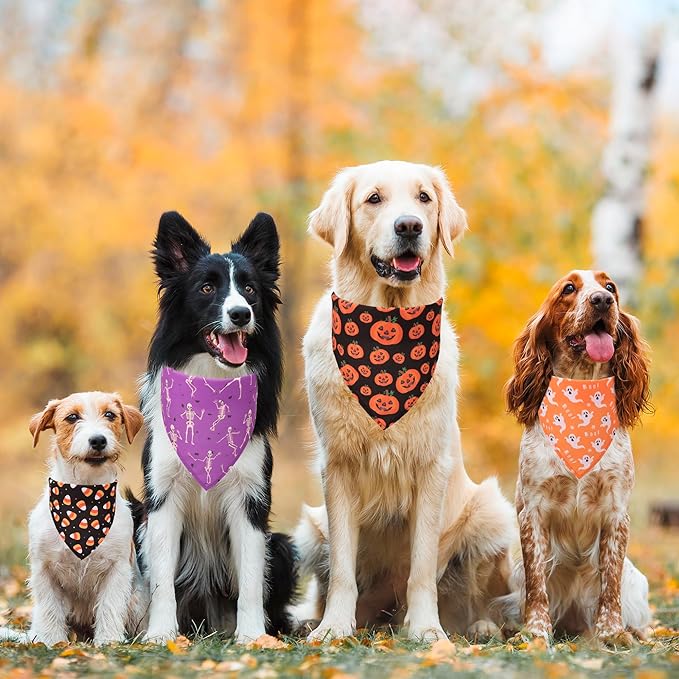 ADOGGYGO 4 Pack Halloween Dog Bandana, Pumpkin Ghost Dog Scarf Bib, Puppy Halloween Bandanas Costume Accessories for Small Dogs (Small)
