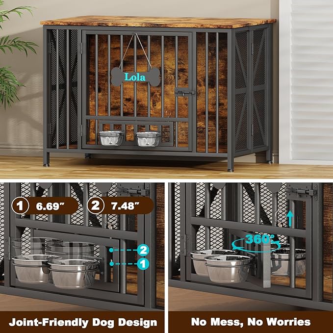 Easycom Foldable Large Dog Crate Furniture, 41.3" Assembly-Free Dog Crates for Large Dogs, Decorative Wooden Dog Kennel Indoor with Tag & Dog Bowls, Dog Cage Use as TV Stand, Rustic Brown