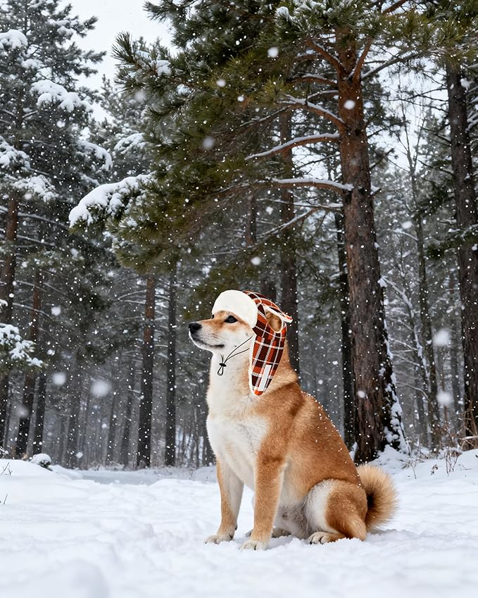 PET SHOW Dog Trapper Hat Winter Hat for Small Medium Dogs Fall Thanksgiving Warm Fleece Aviator Hats with Ear Flaps Adjustable Outdoor Boy Pet Pilot Costume Cap M-Orange Plaid/with Ear Holes