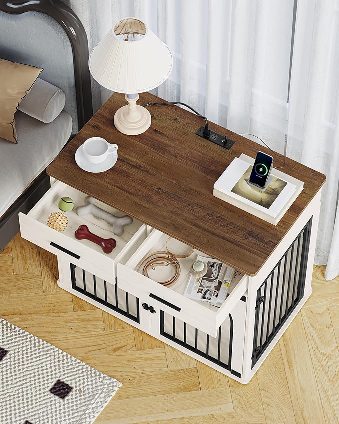 39.4'' Large Dog Crate Furniture with 2 Storage Drawers, Heavy Duty Dog Kennel Indoor with Charging Station, Wooden Dog Cage End Table Kennel for Medium/Large Dogs, White Brown DFC84214B