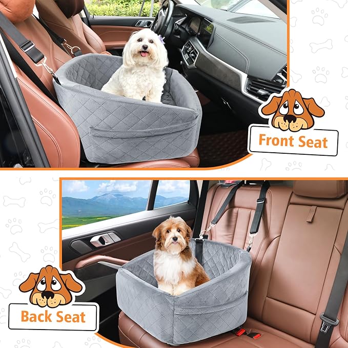 Dog Car Seat for Small Dogs,Detachable Washable Dog Booster Seat for Medium Dogs Under 30lbs, Pet Car Seat Travel Bed with Storage Pockets and Dog Safety Belt (Grey)