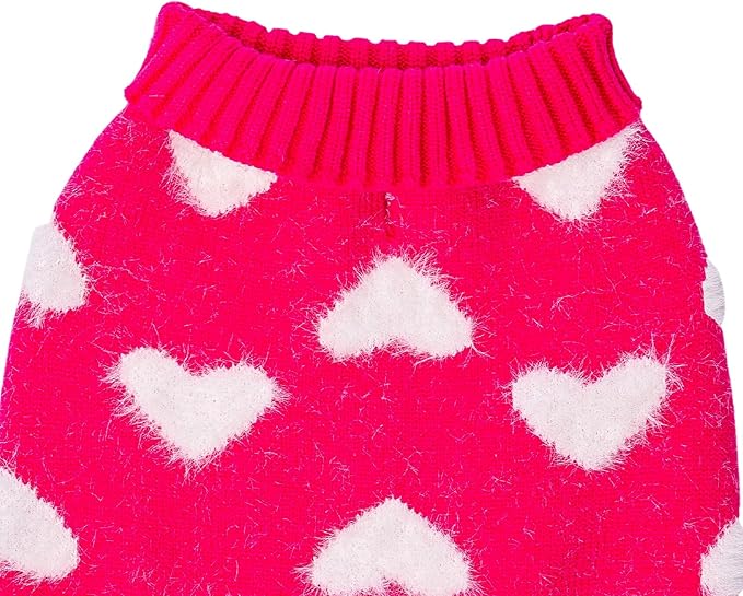 CuteBone Fancy Pink Dog Sweater Dress, Soft and Stretchy Dog Clothes for Medium Large Dogs Girl, Pink Heart Puppy Sweater Pullover Ruffle Dress Pet Outfit Cat Apparel