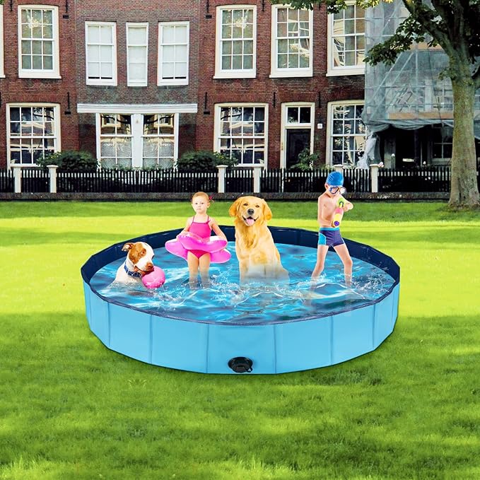Dog Pool for Large Dogs, Kiddie Pool Hard Plastic, Dog Bathtub Portable, Foldable Pool for Dogs Slip-Resistant (Blue, L-47"x12")