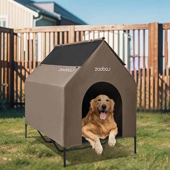 48" XL Outdoor Dog House – Weatherproof Elevated Pet Shelter, Breathable Mesh & Steel Frame, Easy to Assemble & Clean, Large Dog Houses for All Seasons (Brown)