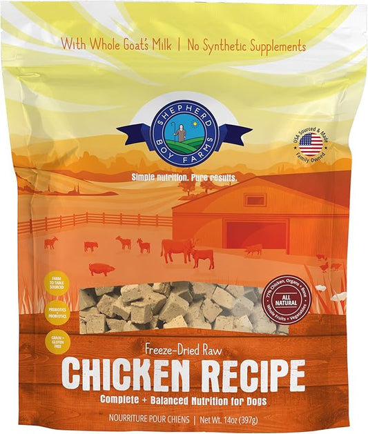 Shepherd Boy Farms Freeze Dried Raw Dog Food, Chicken Recipe, All Natural, No Synthetics, Made in USA with Goat's Milk & Organic Produce, High Protein, Complete Meal (14oz)