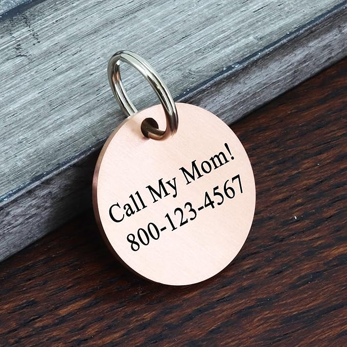 Ultra Joys Cat ID Tag Personalized Pet Tags, Durable Stainless Steel Small Pet Mini Dog Cat Tag Lightweight -Round Tag in Rose Gold