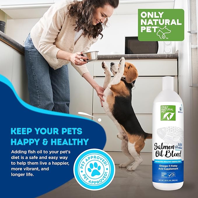 Only Natural Pet Wild Alaskan Salmon Oil for Dogs & Cats - Omega 3 & 6 Liquid Food Supplement for Pets - EPA & DHA Fish Oils, All Natural Joint Support, Promote Healthy Skin, Coat & Heart - 20 Fl Oz