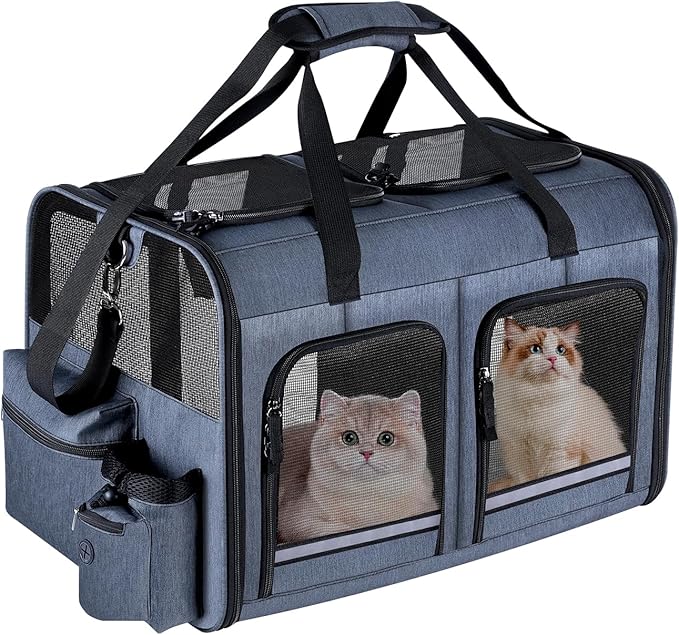 Cat Carrier for 2 Cats, Foldable Double Cat and Dog Carrier, Small to Medium Size, 2 Front Zippered Compartments,Two Pets Carrier for Outdoor Travel,Mulitple Cat Carrier, Grey
