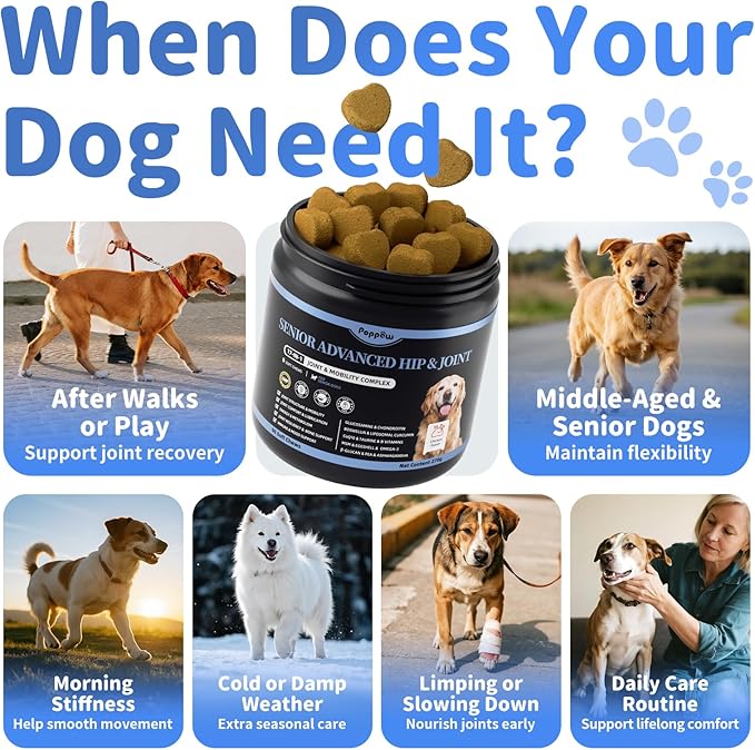 Senior Advanced Joint Supplement for Dogs – 17-in-1 Glucosamine for Dogs with Chondroitin – Hip & Joint Pain Relief Pills – Mobility Support Chews – Large & Small Breeds - Chicken Flavor – 90Ct