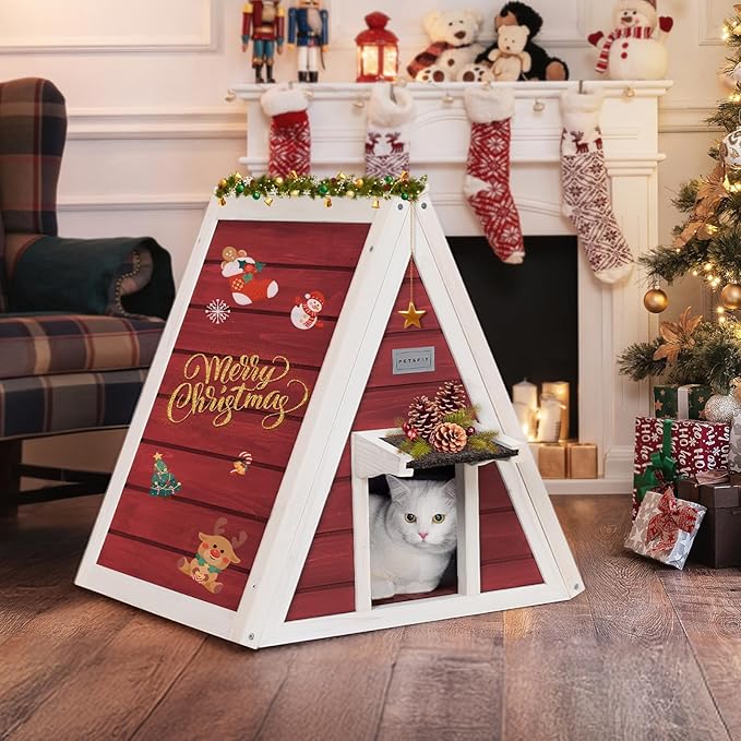 Petsfit Outdoor Cat House Weatherproof, Outside Feral Cat House with Escape Door,Outdoor Indoor Pet House for Small Animal, Small Rabbit Hutch Red