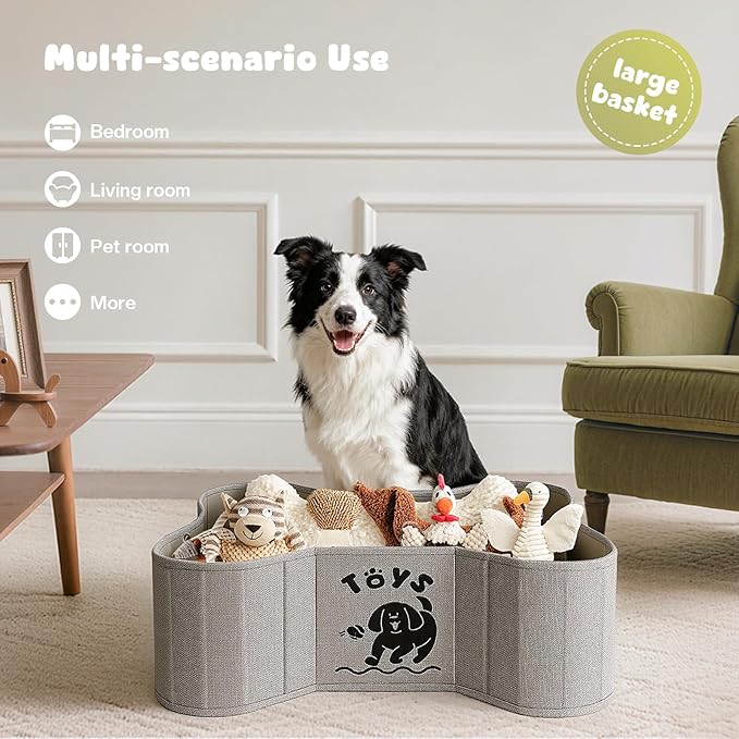 Dog Toy Basket, Collapsible Dog Bone Baskets for Toys, Dogs Storage Organizer with PU Handles, Pet Toys Basket with Bone Shape Design, Toy Baskets for Dogs, Gray