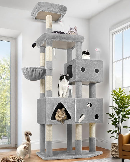 Globlazer Extra Large Cat Tower, 81-inch Tall Cat Tree for Big Cats 20 lbs, XXL Heavy Duty Cat Scratching Tower for Indoor Adult Cats with 3 Cat Condos, 8 Scratching Posts, F81, Light Grey