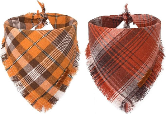 ADOGGYGO Fall Dog Bandana with Tassels Edges, Orange Red Plaid Pet Scarf Bib, Multiple Sizes Offered, Halloween Thanksgiving Fall Bandanas for Small Dogs Pets (Small)