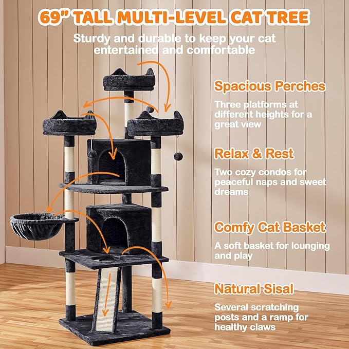 Yaheetech 68.5in Cat Tree for Large Cats, Multi-Level Cat Tower with 3 Wide Perches, Large Condo, Stable Pet Play House w/Sisal-Covered Scratching Posts & Board, Black