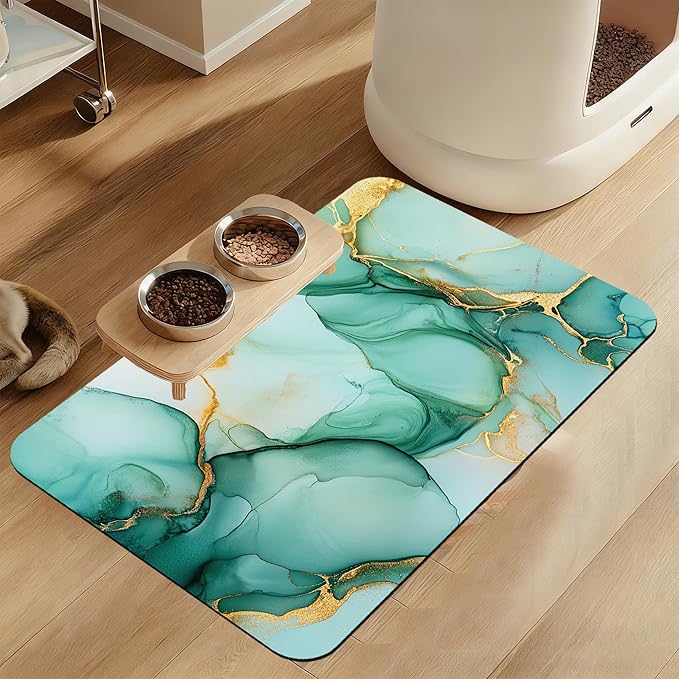 Green Marble Pet Feeding Mat for Floors–Absorbent Quick Dry Dog Cat Bowl Mat for Food and Water, Non Slip Waterproof Base, Mess-Free Feeding Accessories 16"x24"