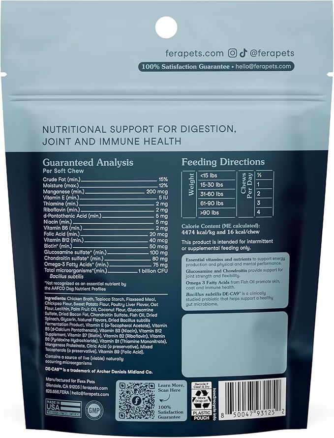 Fera Pets Dog Multivitamin Chews with Glucosamine and Probiotics - Essential Dog Vitamins & Minerals - Promotes Healthy Digestion & Joints - Boosts Skin & Coat Health with Omega-3s - 10 Soft Chews