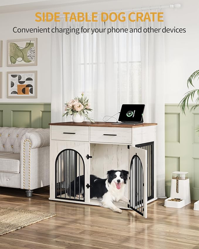39.4'' Large Dog Crate Furniture with 2 Storage Drawers, Heavy Duty Dog Kennel Indoor with Charging Station, Wooden Dog Cage End Table Kennel for Medium/Large Dogs, White Brown DFC84214B