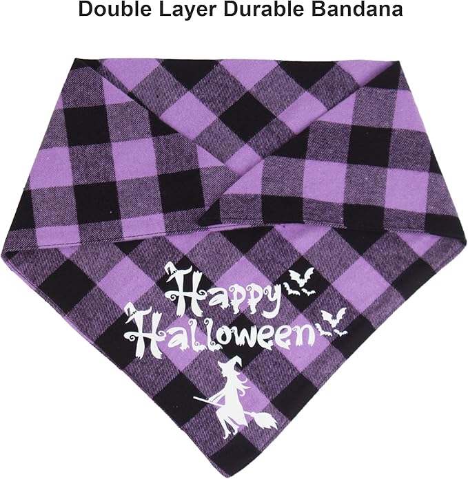 ADOGGYGO Halloween Dog Bandanas, Classic Orange Purple Plaid Pet Scarf Bib, Premium Cotton Fabric, Multiple Sizes, Halloween Bandanas for Small Dogs Pets (Small)