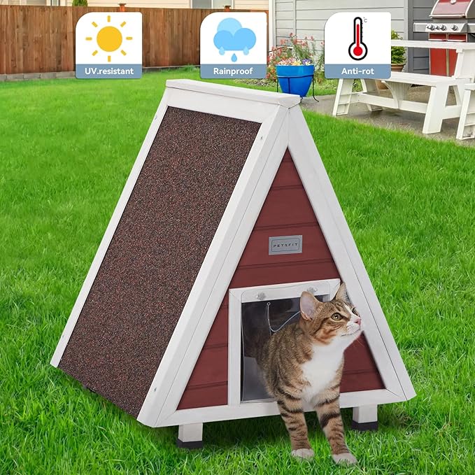 Petsfit Cat House Outdoor Weatherproof,Feral Cat House Outdoor Indoor with Escape Door for Rabbits,Ferret,Guinea Pig,Dogs and Other Small Animals Red