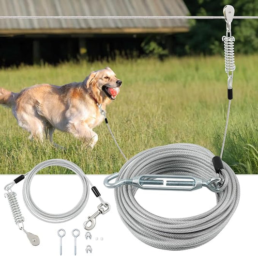 100FT Dog Runner for Yard with 10FT Tie Out Cable - Heavy Duty Trolley System for Large Dogs Up to 250LBS, Backyard/Park/Camping Use (Silver, 100FT+10FT)