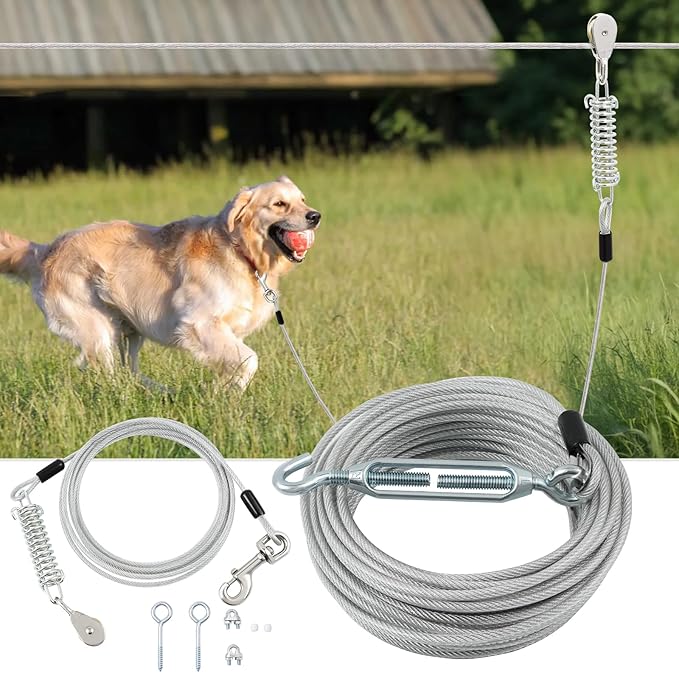 100FT Dog Runner for Yard with 15FT Tie Out Cable - Heavy Duty Trolley System for Large Dogs Up to 250LBS, Backyard/Park/Camping Use (Silver, 100FT+15FT)