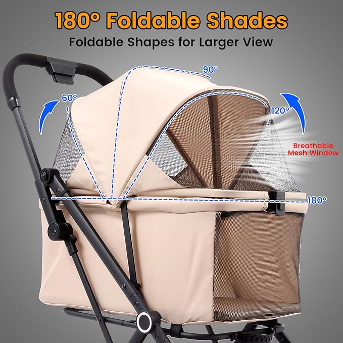 4 Wheels Pet Stroller, One-Step Folding Puppy Cage Jogger Stroller with Sun Cover, Pad and Breathable and Visible Mesh for Small/Medium Pets up to 50 lbs