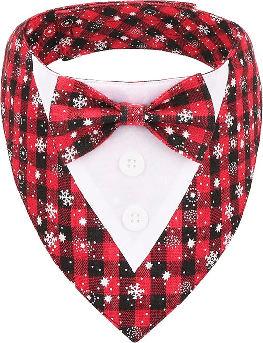 ADOGGYGO Christmas Dog Tuxedo Bandana, Red Plaid Pet Chritstmas Tux with Bowtie Adjustable Christmas Formal Costume for Medium Dogs Pets (M)