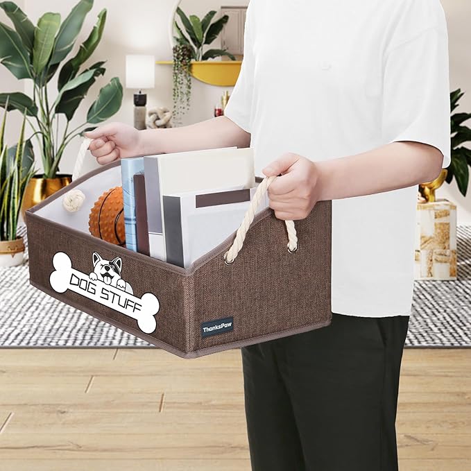 Collapsible Fabric Dog Toy Box and Storage Bin With Handle - Trapezoid Basket Chest Organizer for Pet Toys, Blankets and Accessories,Coffee