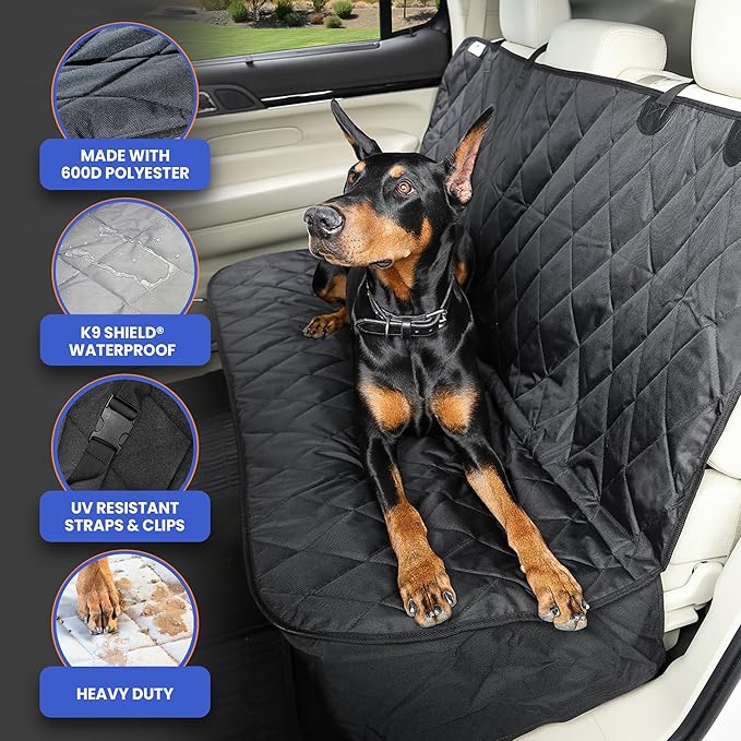 4Knines Back Seat Pet Cover for Dogs w/o Hammock – 54" Wide, Waterproof Car Seat Cover, Non-Slip, Heavy-Duty – Fits Cars, SUVs, Small Trucks – 2 Seat Belt & Latch Access – Back Seat Protector (Beige)
