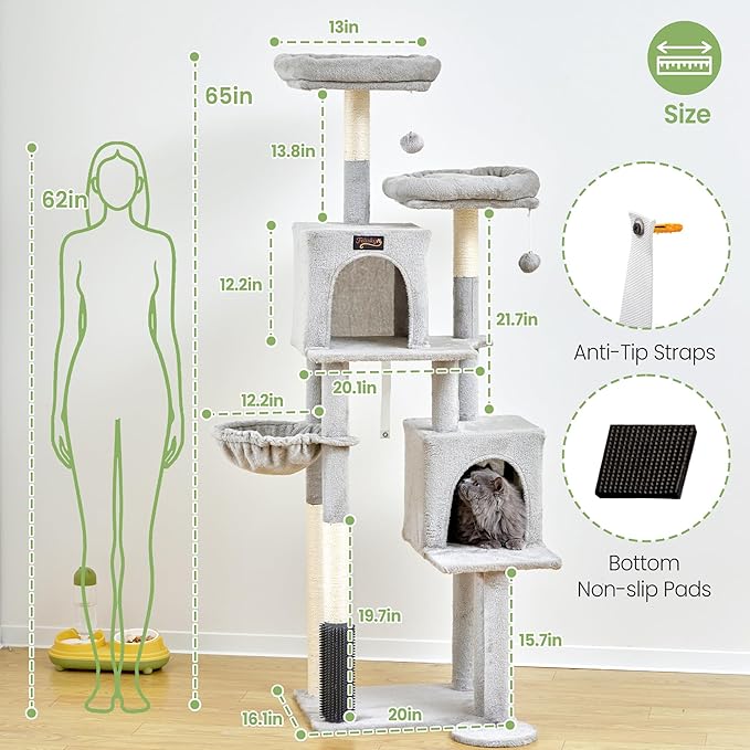 Cat Tree Tower for Indoor Cats Large Adult - 65 inch Extra Tall Cat Condo Trees with Scratching Post Hammock Perch - Big Heavy Duty Multi Level Cat House Towers - Kitty Condos Climbing Furniture