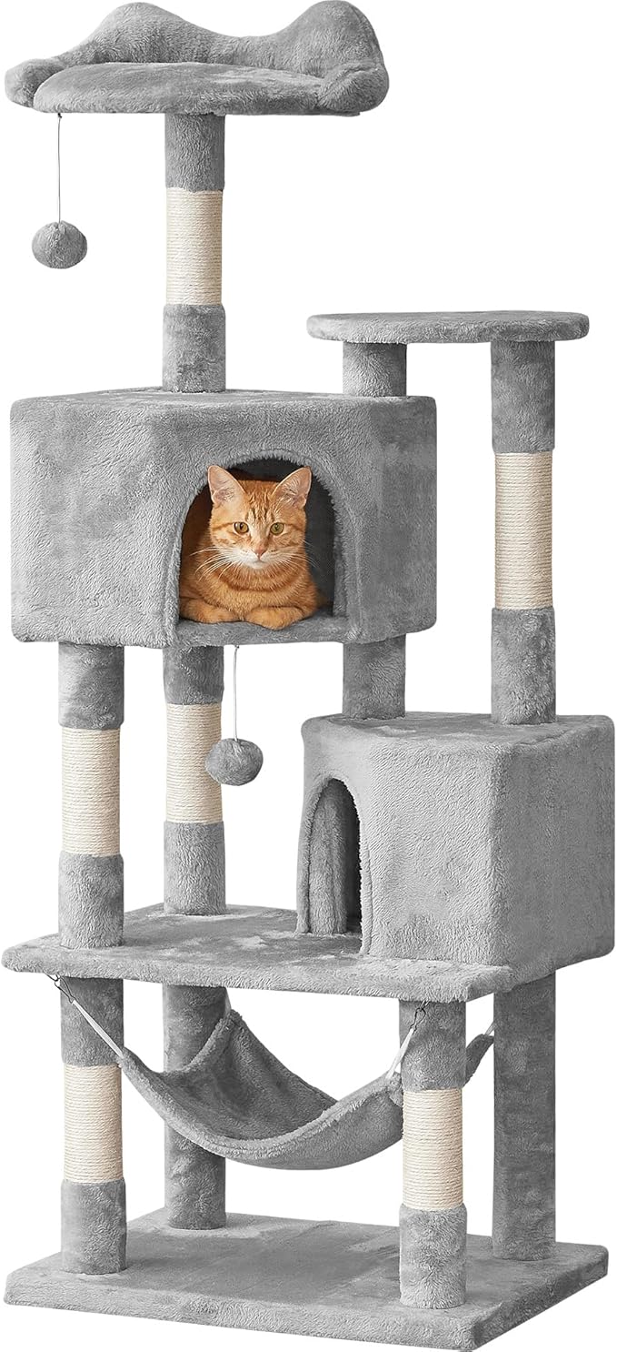 Cat Tree for Indoor Cats - Tall Multi-Level Cat Tower with Condos, Sisal Scratching Posts and Hammock, Top Perch with Dangling Toys for Large Cats and Kittens, Light Grey