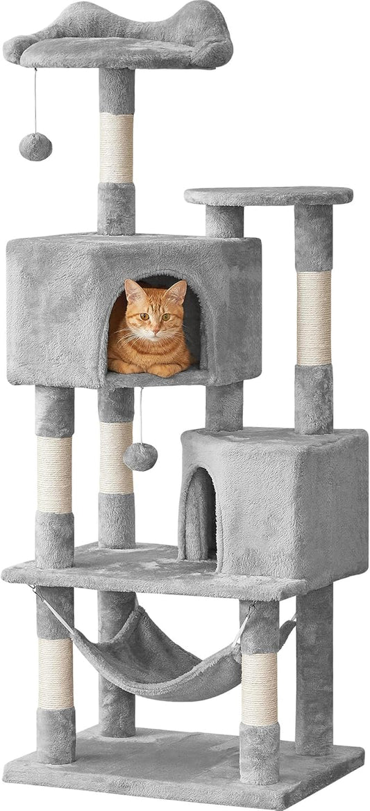 Cat Tree for Indoor Cats - Tall Multi-Level Cat Tower with Condos, Sisal Scratching Posts and Hammock, Top Perch with Dangling Toys for Large Cats and Kittens, Light Grey