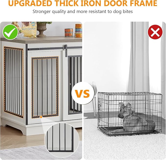60.6 Inch Double Dog Crate with Divider, 2-in-1 Heavy Duty Dog Crate TV Stand with 2 Sliding Doors and Thick Iron, Indoor Dog House for 2 Dogs (White)