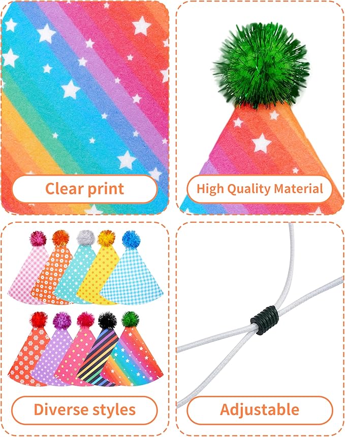 PET SHOW 10 Pack Party Hats for Large Dog Birthday Stuffed Animals Adults XL Adjustable Headband Colorful Holiday Felt Hats Pet Grooming Costume Accessories