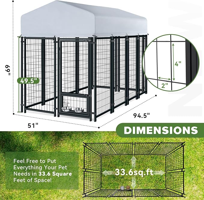 Oranland 8x4x6FT Outdoor Dog Kennel, Heavy Duty Welded Wire Steel Dog kennels with Secure Lock for Outside, Dog Pen with Waterproof Roof Cover and 2 Rotating Dog Bowls