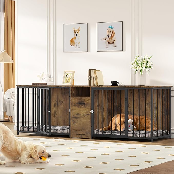 YITAHOME 94.5" Large Dog Crate Furniture with Feeder Bowls, Heavy Duty Dog Kennel with Room Divider and Drawer, Wooden Dog House TV Stand Table Indoor for 2 Large/Medium Dogs, Brown