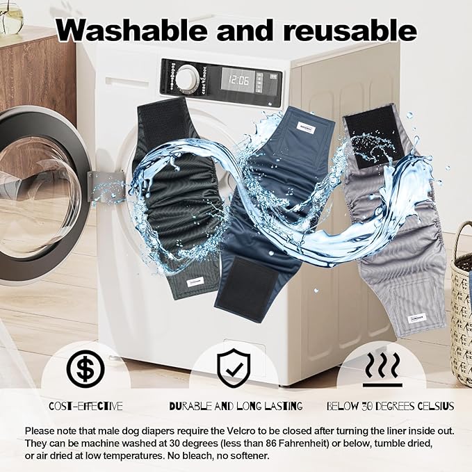 Washable Dog Diapers Male Large, Premium Belly Bands for Male Dogs Reusable, Pack of 3, High Absorbing Large Puppy Diapers Male in Incontinence or Excitable Urination and Training(L)