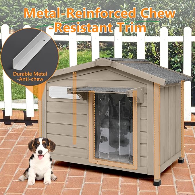 Dog House Indoor Outdoor with Chew-Proof Frame, Weatherproof Dog Kennel Puppy Shelter with Openable Asphalt Roof, Window, Easy to Clean for Small to Medium Dogs (30.1" L*18.3" W*24" H)