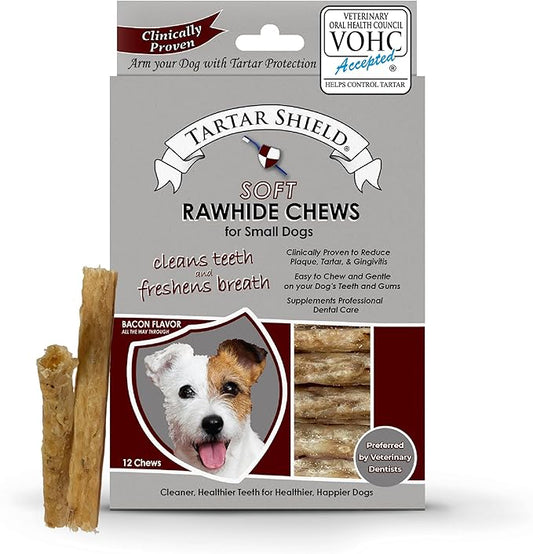 Tartar Shield Soft Rawhide Chews | Safe Dental Treats for Small Dogs | Vet VOHC Approved | Daily Bone Cleans Teeth & Gums Fresh Breath Oral Health Support | USA Made | (Small Dogs / 12 Count)