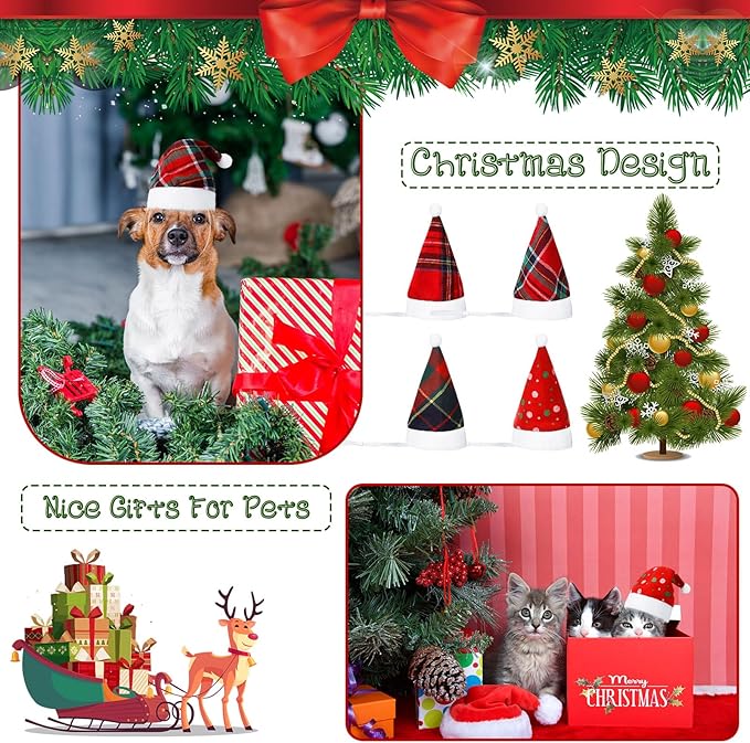 Svee 8 Pieces Christmas Santa Hats for Dog Cat with Adjustable Chin Strap Holiday Party Cute Costumes for Puppy Kitten Small Dogs and Cats Winter Party Dress up Props Supplies Gifts(Plaid)