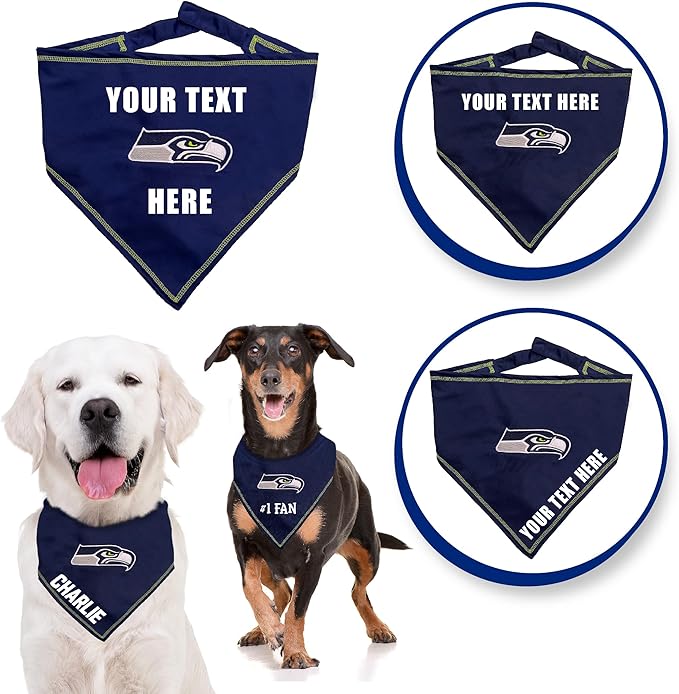 NFL Seattle Seahawks Personalized Tie Bandana for Dogs & Cats, Size Small/Medium. Custom Dog Cat Scarf Bib for Pet. Ultimate Game-Day & Party Customizable Bandana