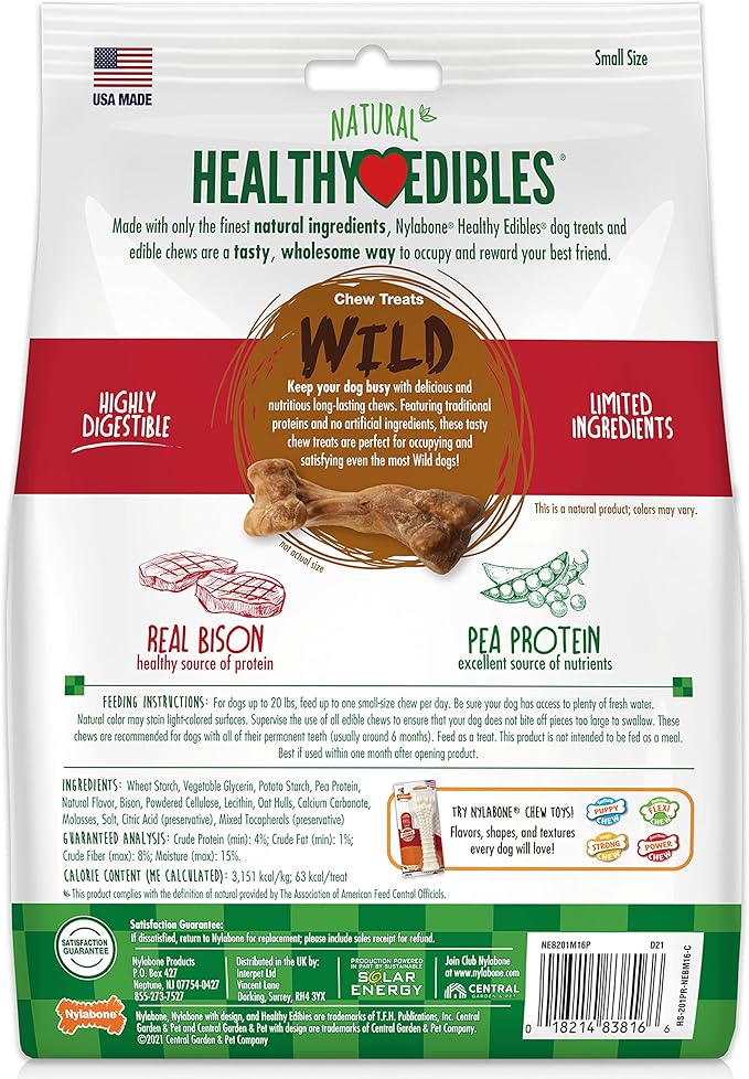 Nylabone Healthy Edibles Wild Natural Long-Lasting Bison Flavor Bone Chew Treats for Dogs, Small (16 Count) (Pack of 2)