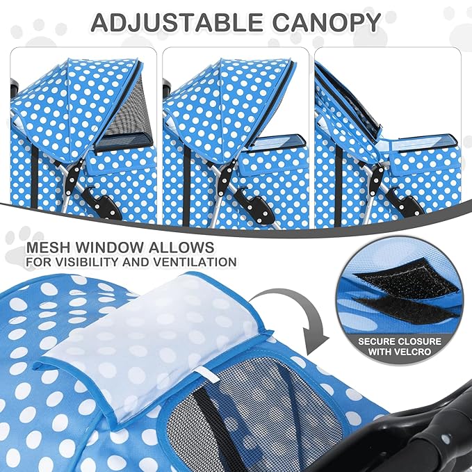 MoNiBloom 3 Wheels Pet Dog Cat Stroller for Small Medium Dogs Cats, Foldable Jogger Stroller w/Storage Basket and Cup Holder, Sky Blue Polka Dots