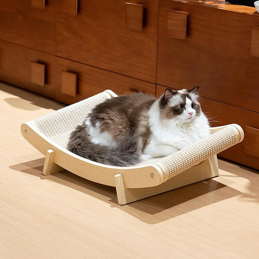 PETKARAY Inclined Sisal Cat Scratcher Bed, Curved Wooden Cat Hammock Chair, Large Scratch Pad for Indoor Cats, Cozy Cat Furniture Lounge, 24x14.5x8 inches