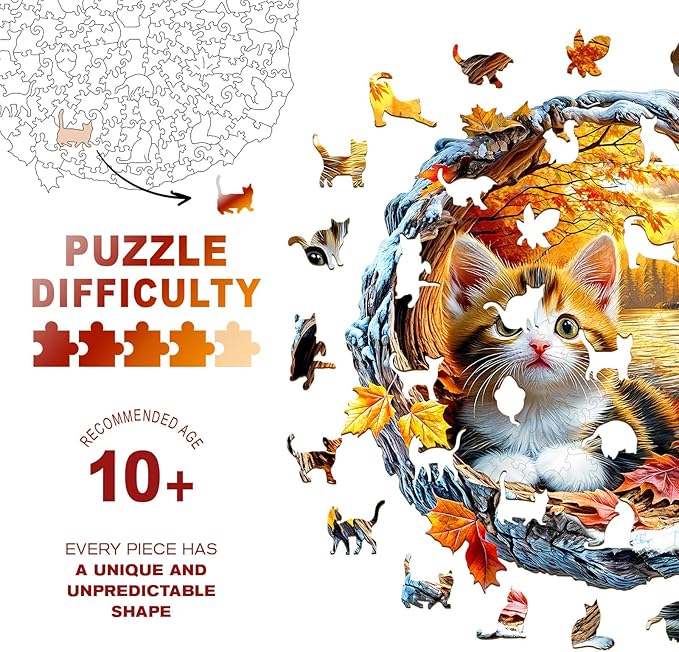 Wooden Puzzles for Adults - Kitten in Autumn Wooden Jigsaw Puzzle, Unique Animal Shaped Wood Puzzles Adult, Christmas Birthday Gifts for Friends/Family, Home Decor 13.4 * 13.2in 280pcs