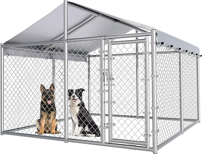 10x10ft Large Dog Kennel Outdoor, Heavy-Duty Outside Dog Kennel with Roof, Security Latch-Lock Door, Chain-Link Dog Enclosure Dog Run for Yard with Cover